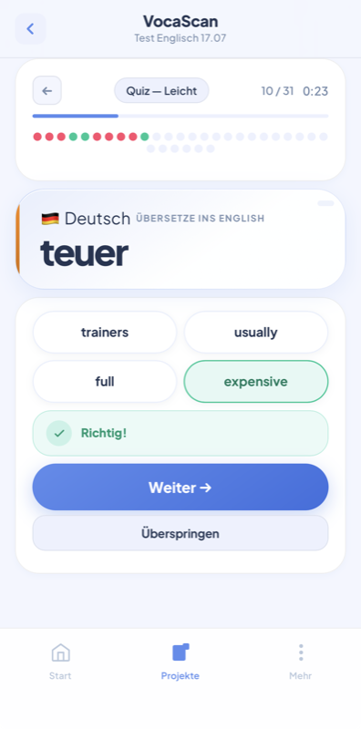 Interaktives Vokabelquiz in VocaScan